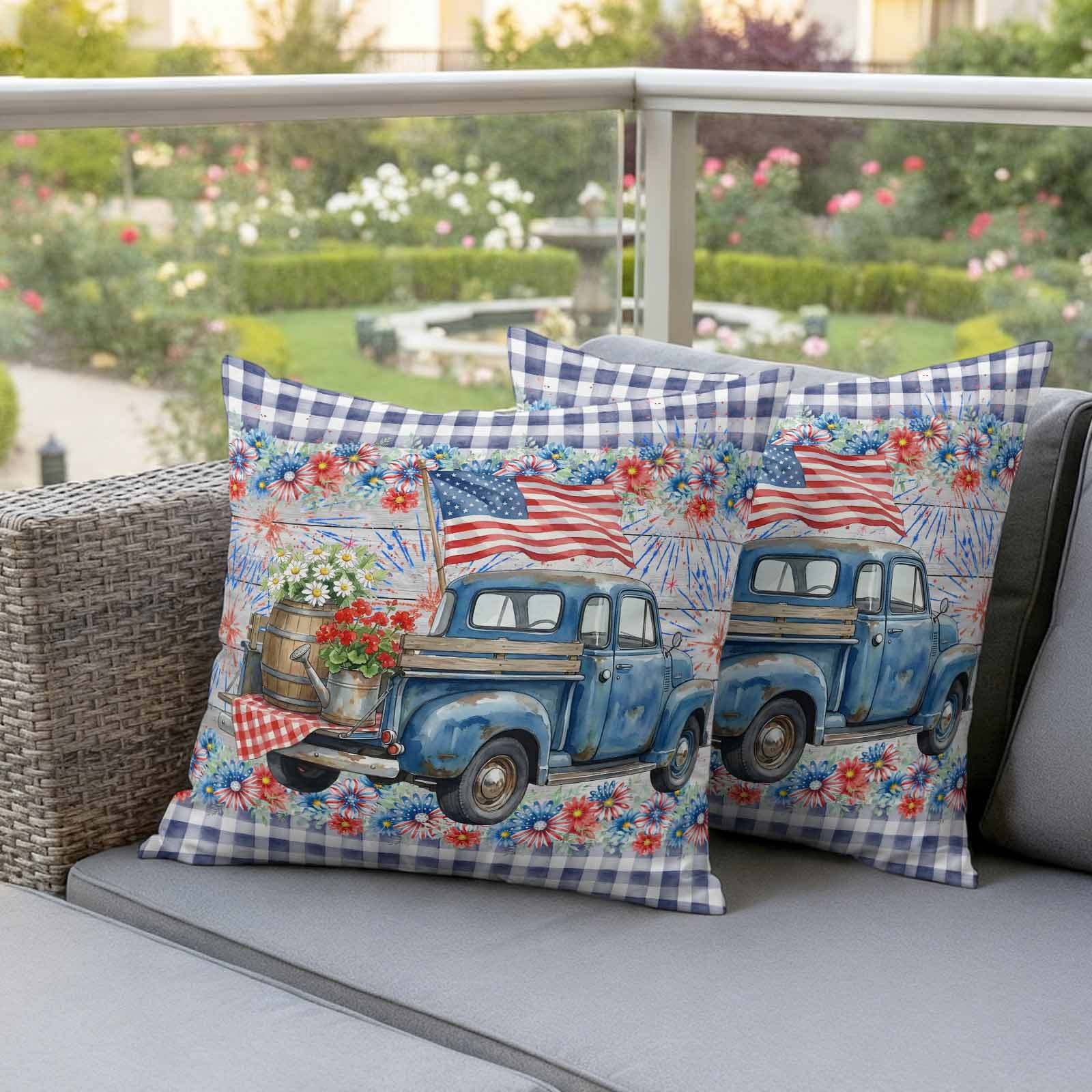 Independence Day Pillow Covers 2 Pack U. S. Flag Retro Truck Flowers Blue Plaid Pillowcase Waterproof Outdoor Throw Pillow Cover for Patio Garden Square Cushion 16”x16”