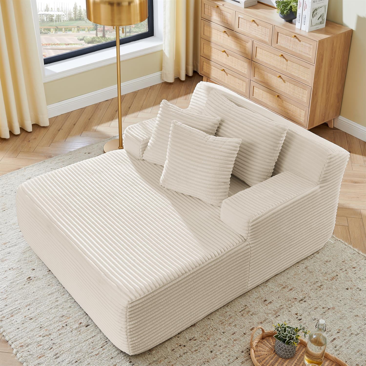 Demi Bonn 64" Velvet Fabric Single Lazy Sofa, Modern Fluffy Couch Lounge Chair for Indoor Living Room, Bedroom, No Assembly Needed, White