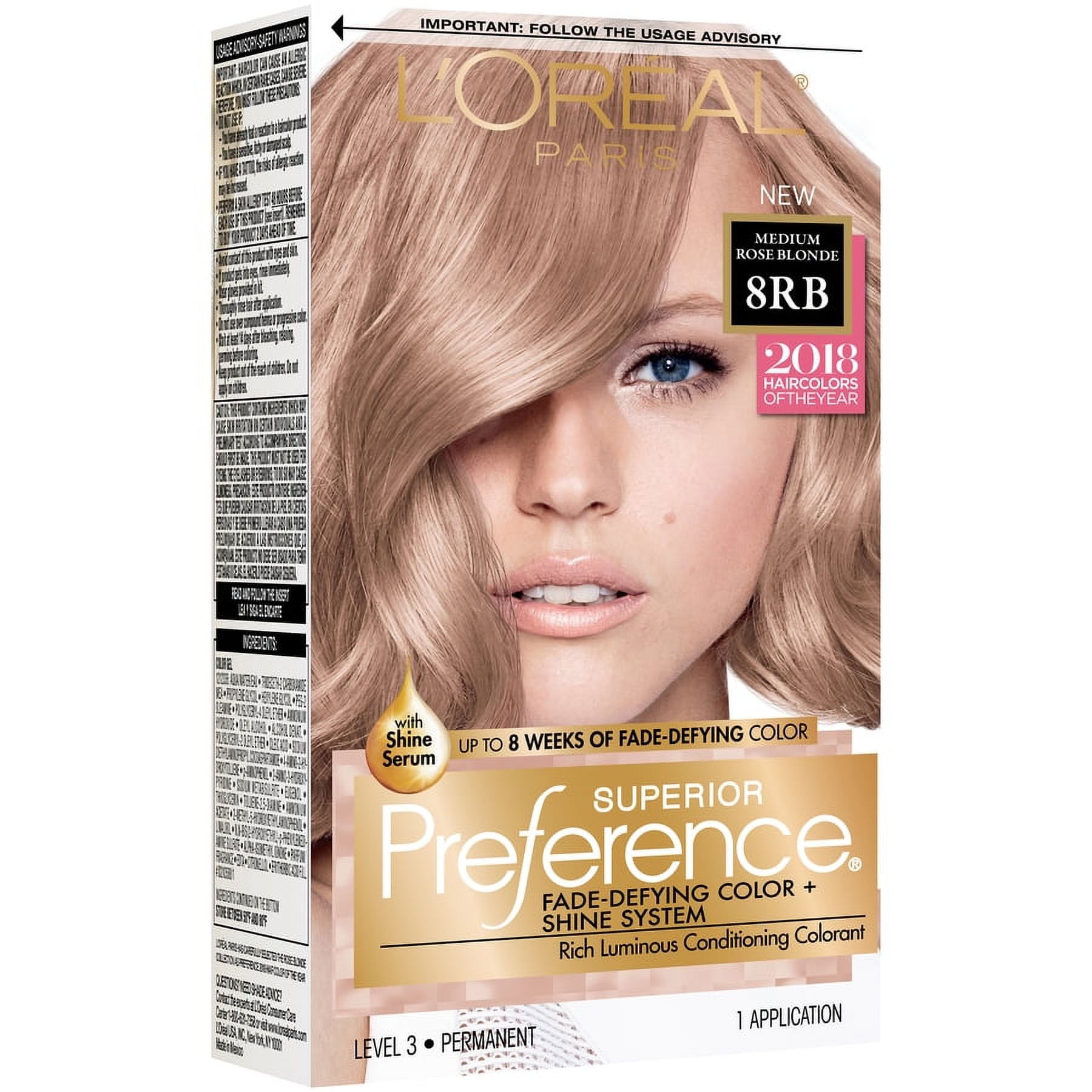 L'Oreal Paris Superior Preference Fade-Defying Shine Permanent Hair Color, 8RB Medium Rose Blonde, 1 Kit