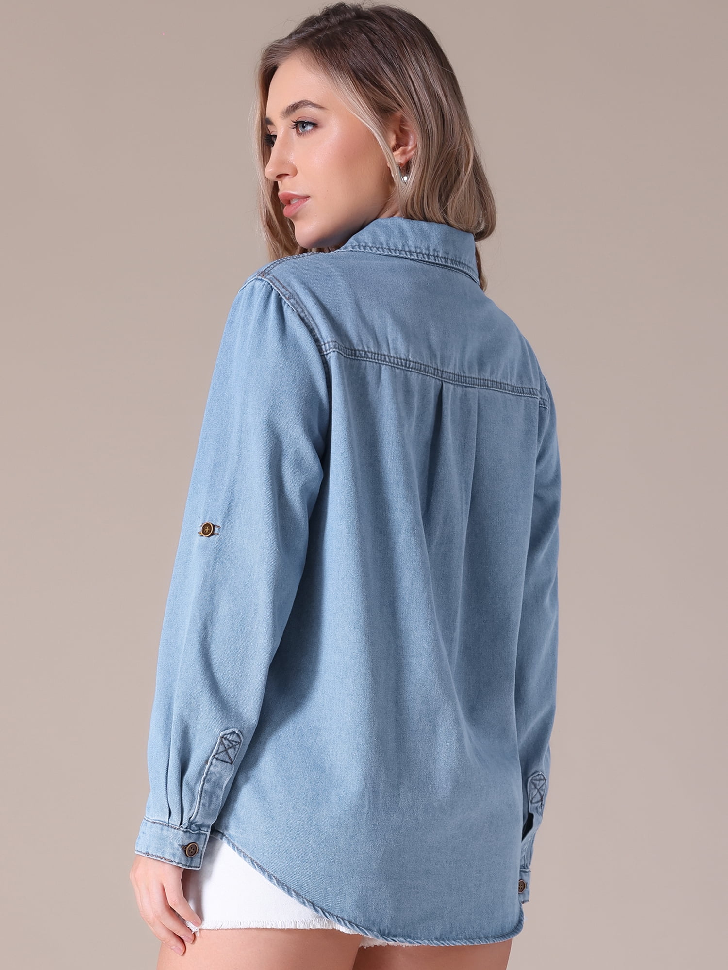 Unique Bargains Women's Denim Shirt Long Sleeve Jean Jackets Casual XL Light Blue