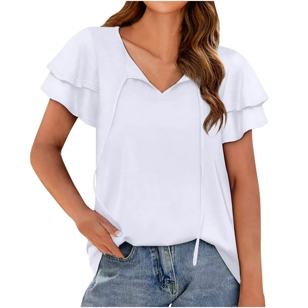 Yyeselk Simple Style Womens Summer Blouses Casual Sexy V-Neck Double  Layered Short Sleeves Comfy Shirt Leisure Drawstring Pure Color Tops Tees  White