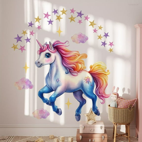 Rainbow unicorn decals, unicorn wall stickers, stars stickers, horses, stars, girls' room stickers Peel&Stick,Removable Wall Sticker,DIY Wall Decals Perfect for Kids Room,Home Wall and Nursery