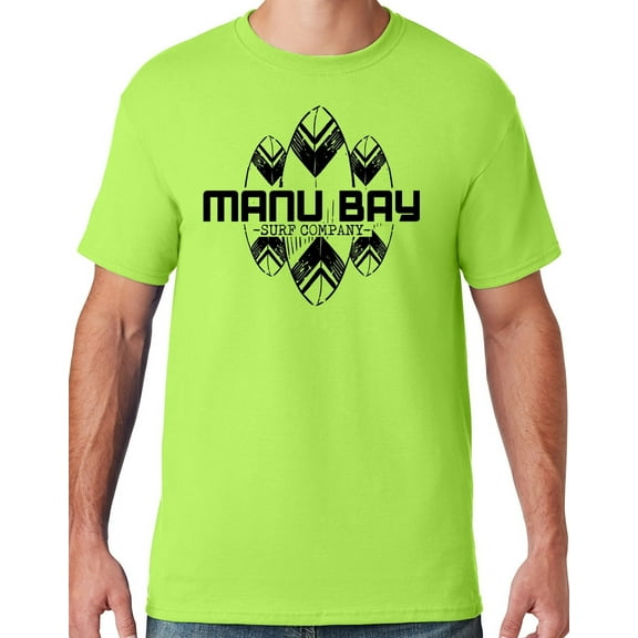 Mens Manu Bay Surf Company BLACK SURFBOARDS T-shirt, Large Neon Green