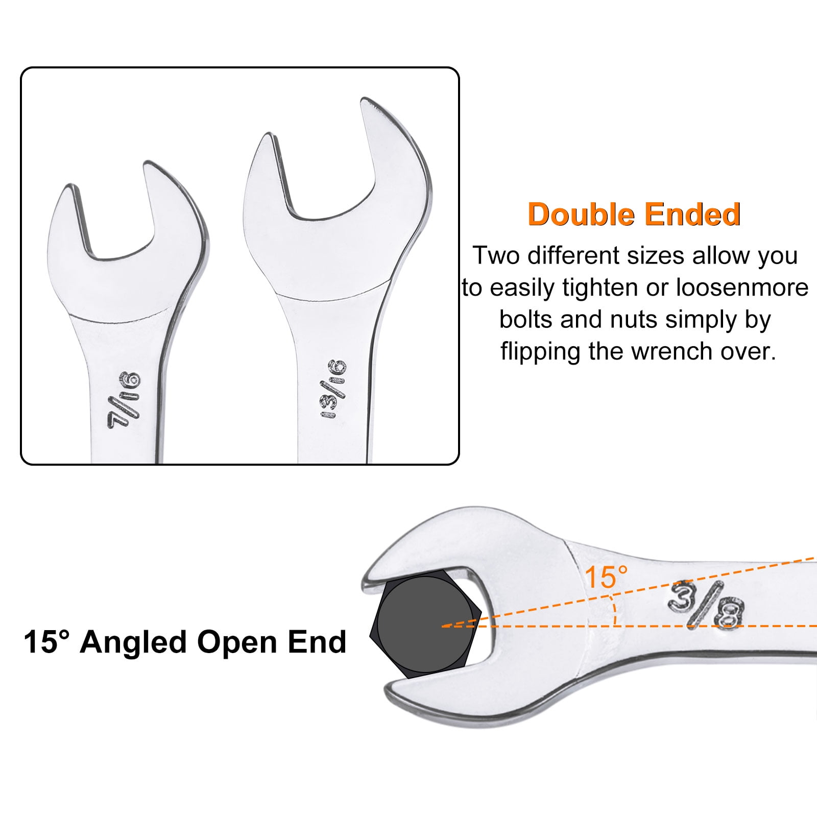 Uxcell 3pcs 7/8" 15/16" 1" 1-1/16" 1-1/8" 1-1/4" SAE Double Open End Thin Wrench Set