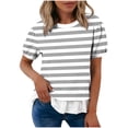 thumbnail image 2 of hotojiny Womens Tops Summer Short Sleeve Striped Shirts with Ruffle Hem Loose Fit Crew Neck T-Shirts Streetwear, 2 of 7