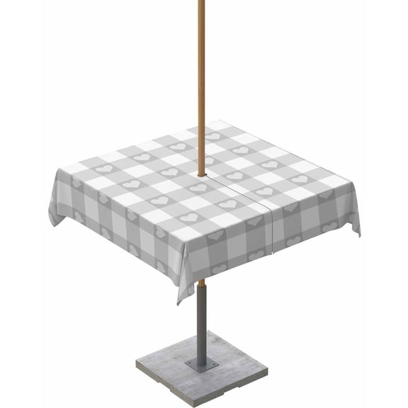 Outdoor Tablecloth with Umbrella Hole for Patio/Picnic/Party/Camping, Grey Buffalo Striped Waterproof Table Cloth Square Cover Washable, Love Heart Checkered 60"x 60"