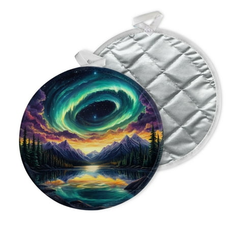 

2 PCS Pot Holders for Kitchen Potholders Sets with Hook for Oven Cooking Baking Intricate Circular Design Featuring Northern Lights