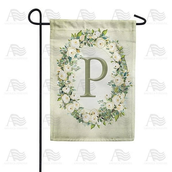 America Forever Spring Monogram Garden Flag Letter P 12.5 x 18 inches P Double Sided Vertical Outdoor, Yard, Lawn, Beautiful Floral Wreath, White Flowers, Rose, Summer Themed Garden Flag