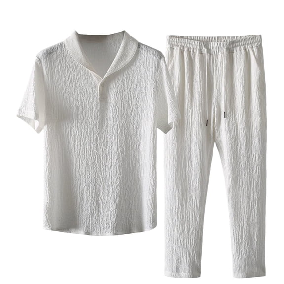 Miluxas Men's 2 Piece Beach Vacation Outfits Button Down Short Sleeve Shirts and Straight Leg Pants Set White XL(XL)