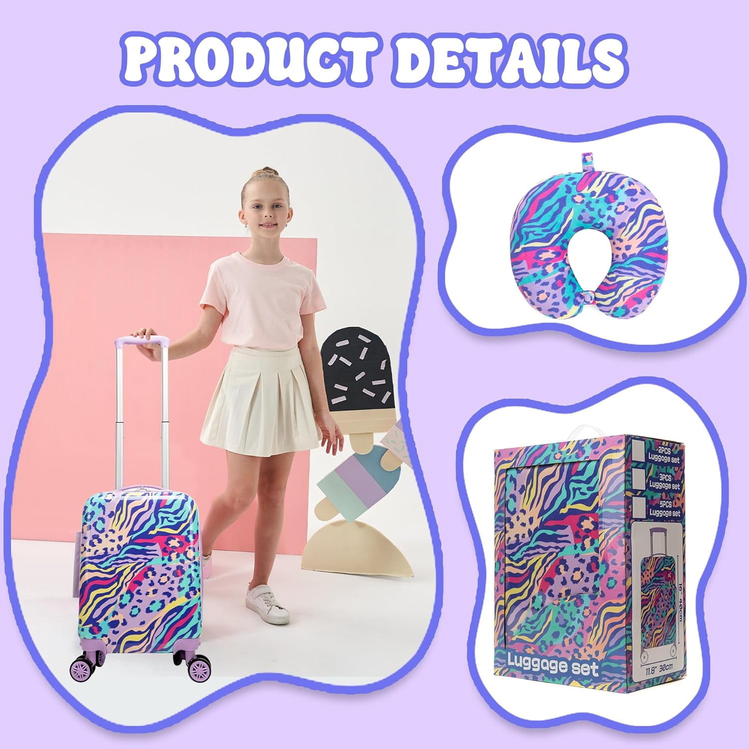 Kids Luggage Sets 2 Piece Hardshell Suitcases with Wheels for Girls with Neck Pillow Airplane Suitcase Set Travel Essential