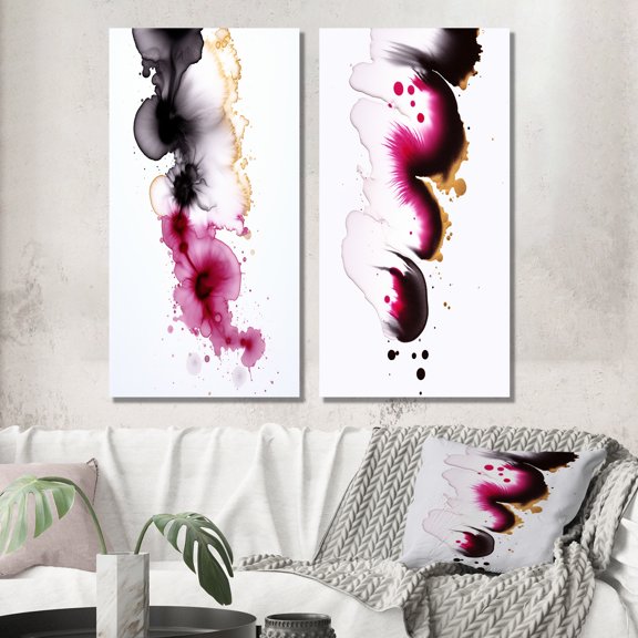 Designart "Fusion in Magenta Minimal Ink Clouds VI" Abstract Painting Wall Art Set Of 2 - Modern Black Canvas Set For Living Room Decor