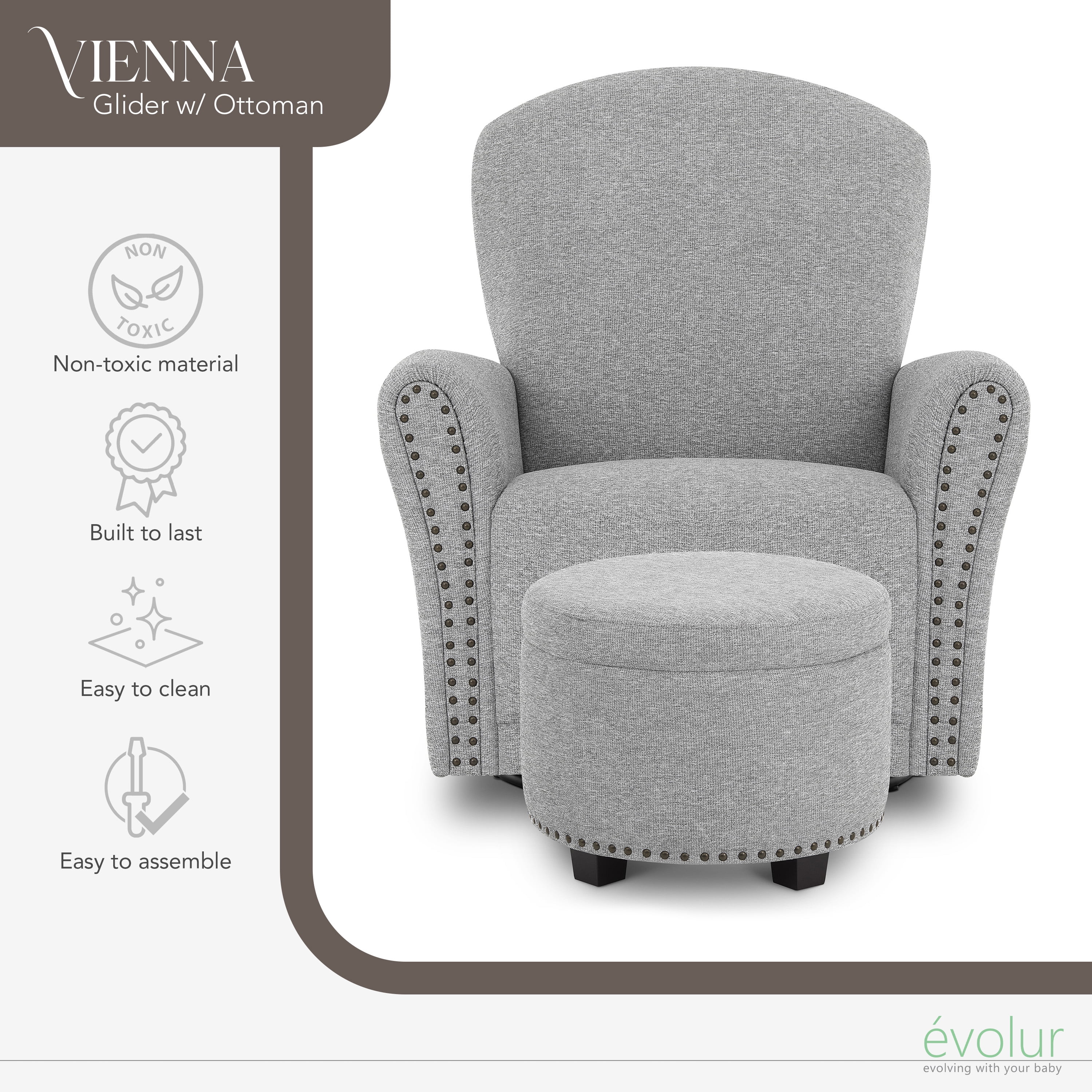 Evolur Vienna Swivel Glider with Ottoman and Nailhead Trim, Greenguard Gold Certified, Made from Sturdy and Sustainable FSC-Certified Wood, Grey