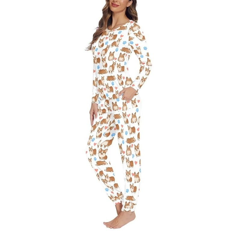 Renewold Loose Fit Women Sleepwear Nightgown Pajama Lingerie,Cute Corgi  Size XL Fall Winter Outfits with Pockets Skin Friendly Long Sleeve Top 