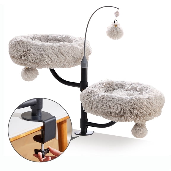 Catry Cat Desk Mount Double Perches for Indoor Cats, Level Adjustable with Removeable Beds,  Light Grey