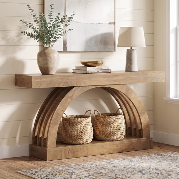 Fnova 63 Inch Console Table, Arched Entryway Table with Open Storage Shelf, 2-Tier Narrow Sofa Table for Living Room, Hallway, Foyer