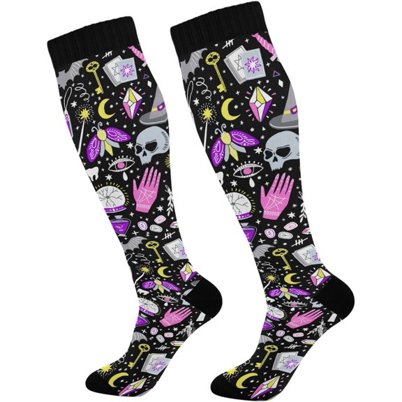 FREEAMG 1 Pair Magic Witch Halloween Skull Compression Socks 20-30mmHg Knee High Women Socks Tube Athletic Stockings for Men Sport Soccer Running Cycling Medical Nurse Winter Travel