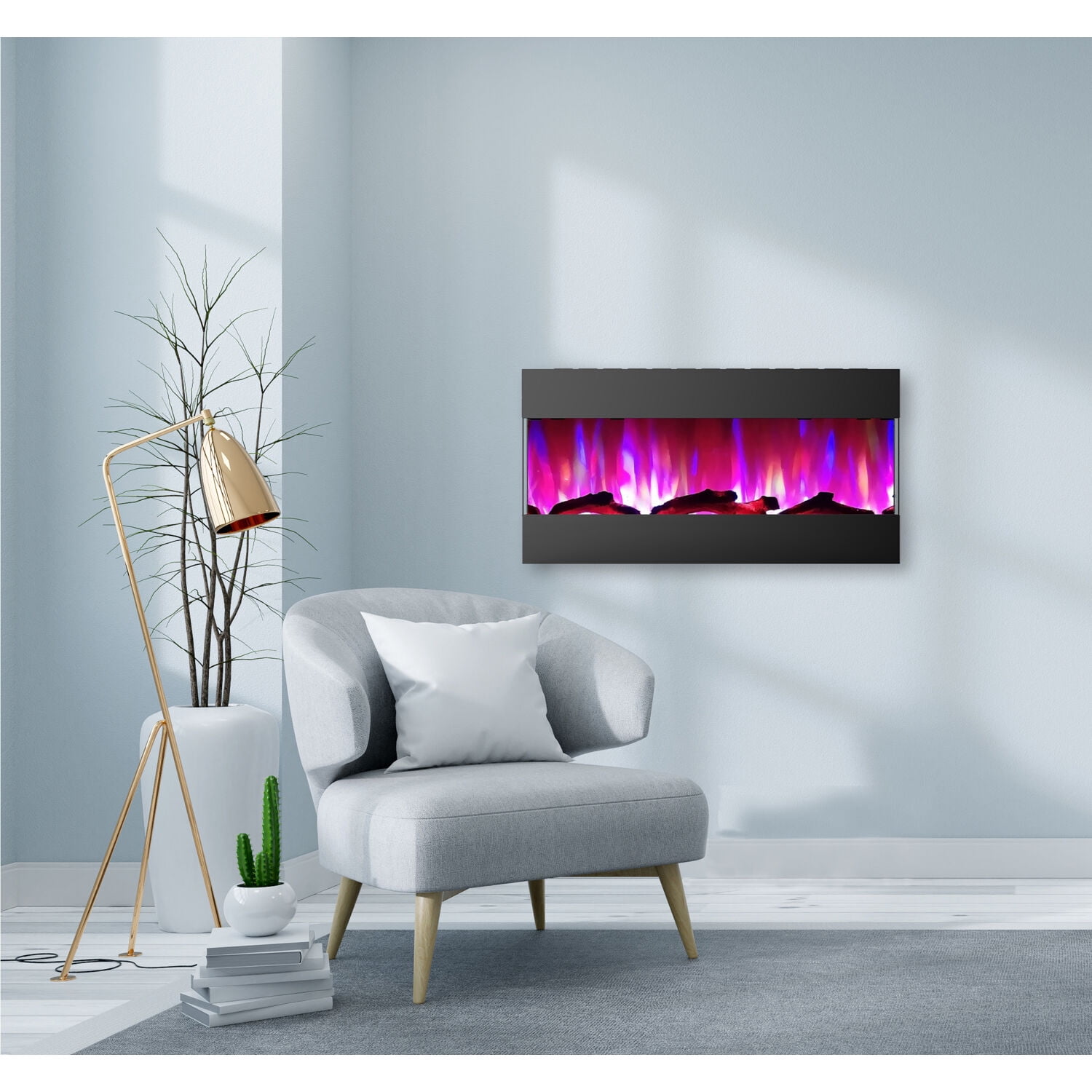 Hanover Fireside 42 In. Recessed/Wall-Mounted Electric Fireplace with Logs and LED Color-Changing Display, Black