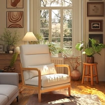 Noelse Accent Chair Mid-Century Modern Chair with Pillow Linen Fabric Upholstered Lounge Arm Chair with Solid Wood Frame for Living Room, Bedroom, Balcony, Beige