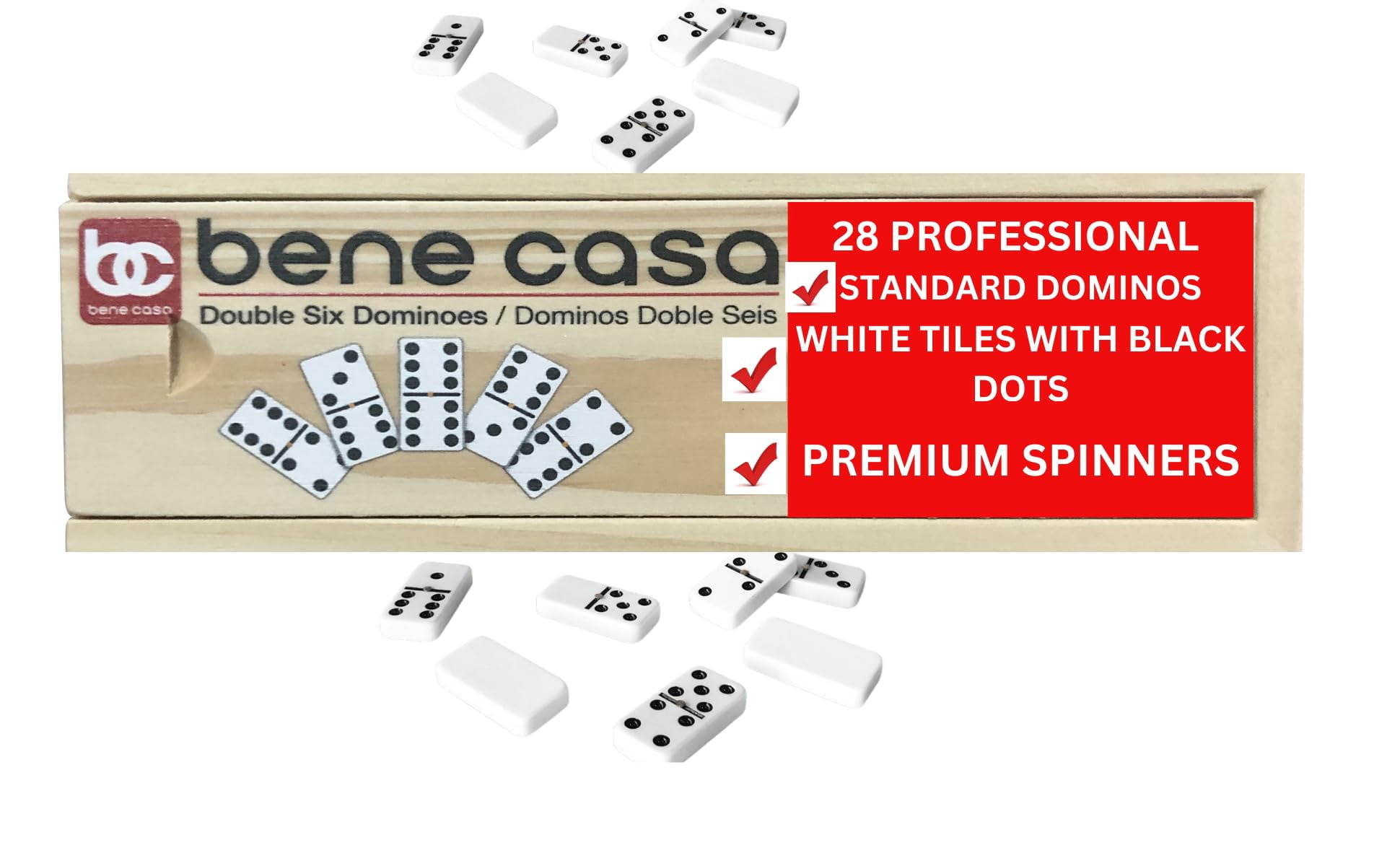Bene Casa 28-Piece Handcrafted Glossy White Double 6 Domino Set with Wooden Storage Box