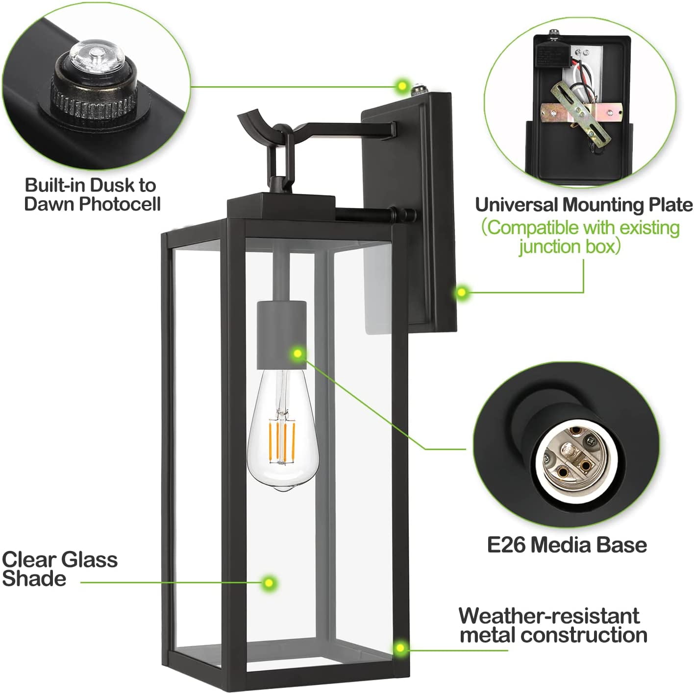Large Size Dusk to Dawn Outdoor Wall Lanterns, 18 Inch Outdoor Wall Light Fixtures, Matte Black Porch Lights, Exterior Wall Lighting, Anti-Rust Architectural Outdoor Sconces, ETL Listed, 2 Pack