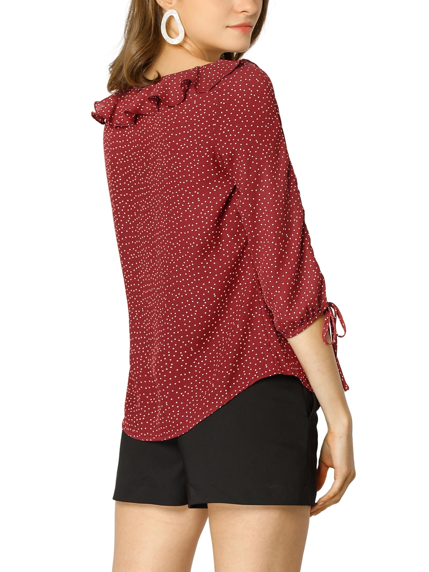 DARING DIVA Polka Dots Ruffled Neck 3/4 Sleeve Blouse Top M Wine Red