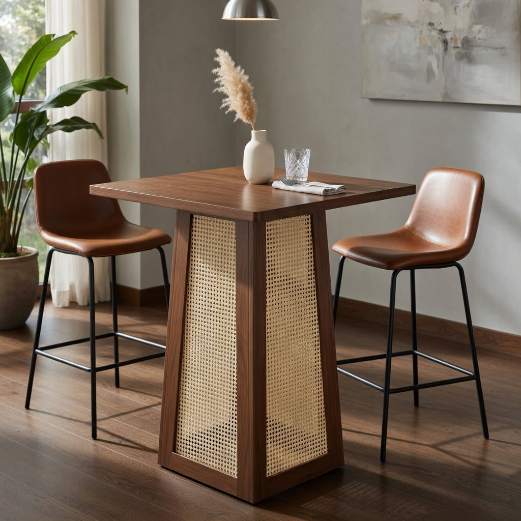 Hommoo 31.5 Inch Square Counter Height Bar Table with Wood Top & Rattan Base, Pedestal Pub Table for Kitchen Island, Breakfast Nook, Small Apartment or Patio, Walnut