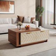 WARMMUSE Extendable Coffee Table, 42"-65" Length Adjustable Reversible Wood Center Table with 2 Storage Drawers and Sliding Top for Living Room, Walnut & Oak