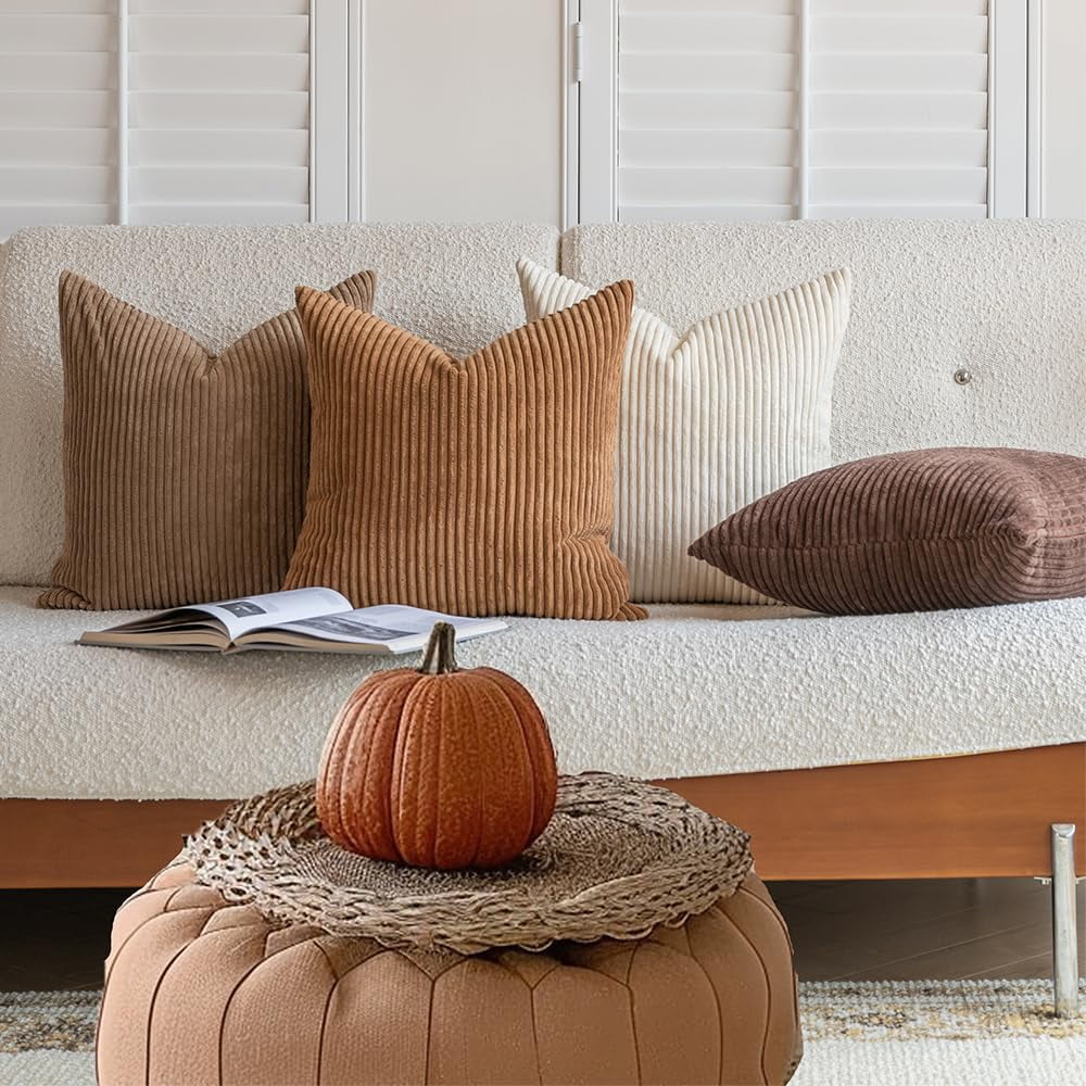 Lomyolo Decorative Couch Throw Pillow Covers 18x18 Inch Set of 4 Soft Corduroy Farmhouse Boho Pillow Cases Skin-Friendly Washable Neutral Cushion Covers for Couch, Bed,Kitchen Living Room,Bed, Sofa
