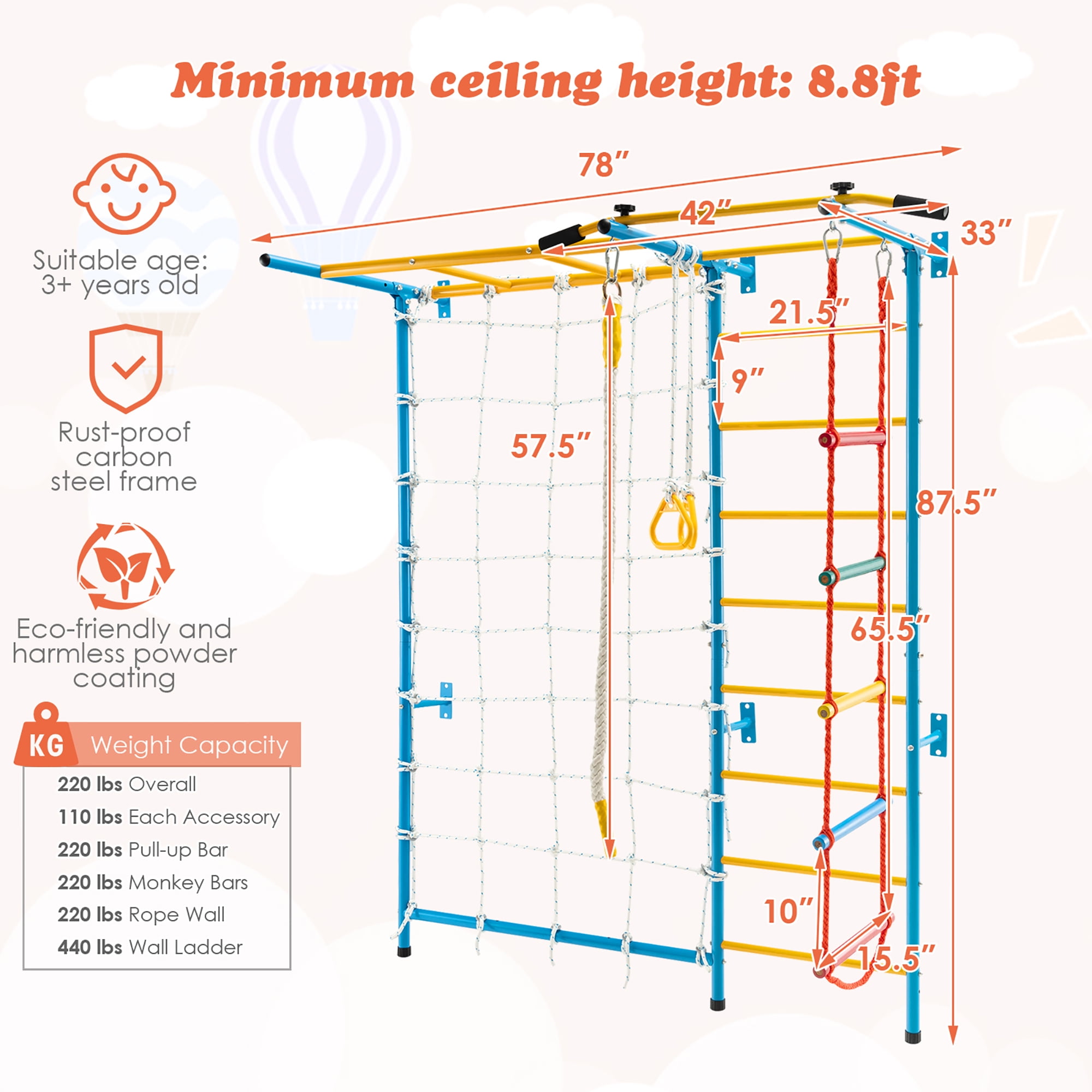 Costway 7-in-1 Kids Indoor Playground with Monkey Bars