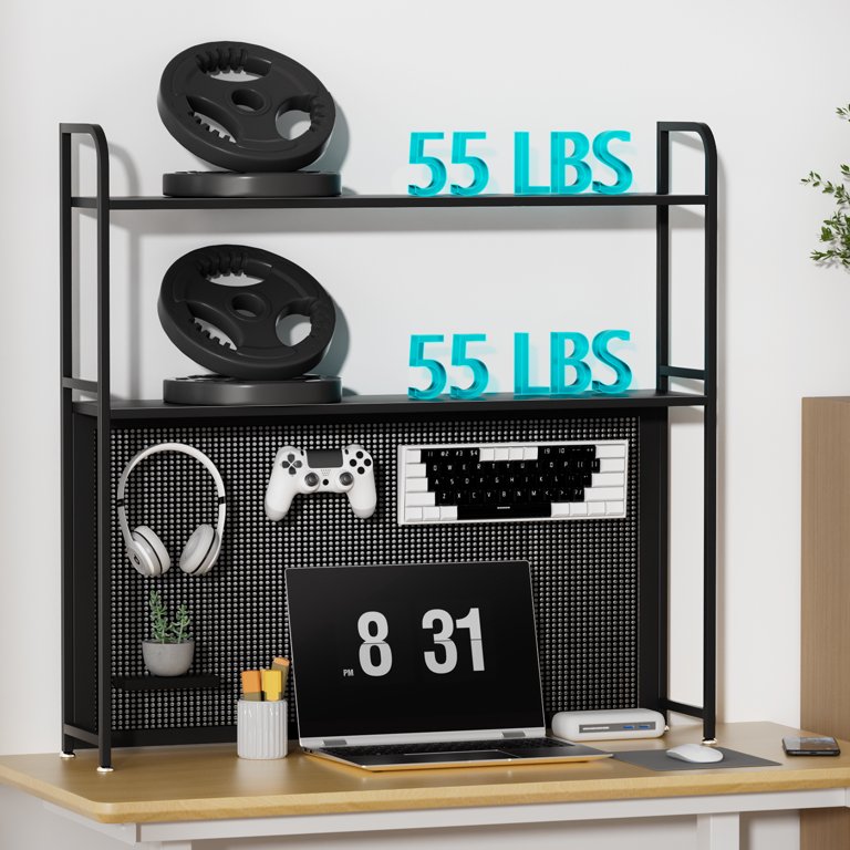 Desk Shelf Organizer With Storage – Adjustable Metal & Wood Desktop Shelf, Monitor Riser For Home Office, Black