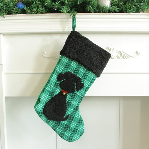 Black Cat Plaid Christmas Fireplace Stocking, Festive Hanging Candy Sock for Gift Storage and Holiday Season Decorations - Green