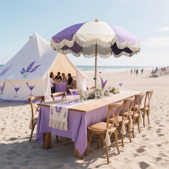 LAGarden Palm Springs 6Ft Patio Floral Fringe Umbrella with Tassel Carry Bag Outdoor Vintage Wood Garden Parasol Purple