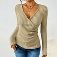 thumbnail image 4 of Nfurl Womens V Neck Sweaters Slim Fitted Long Sleeve Ribbed Knit Wrap Tops Elegant Solid Color Ladies Blouses Dressy Casual Pullover Sweater Khaki XXL, 4 of 7