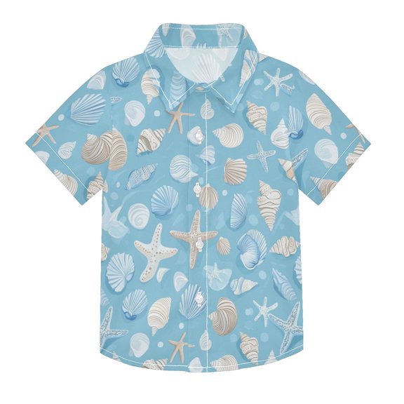 Boys Button-Down Shirt Short Sleeve Shirt Tops for 3Y Light Blue Seashells and Starfish