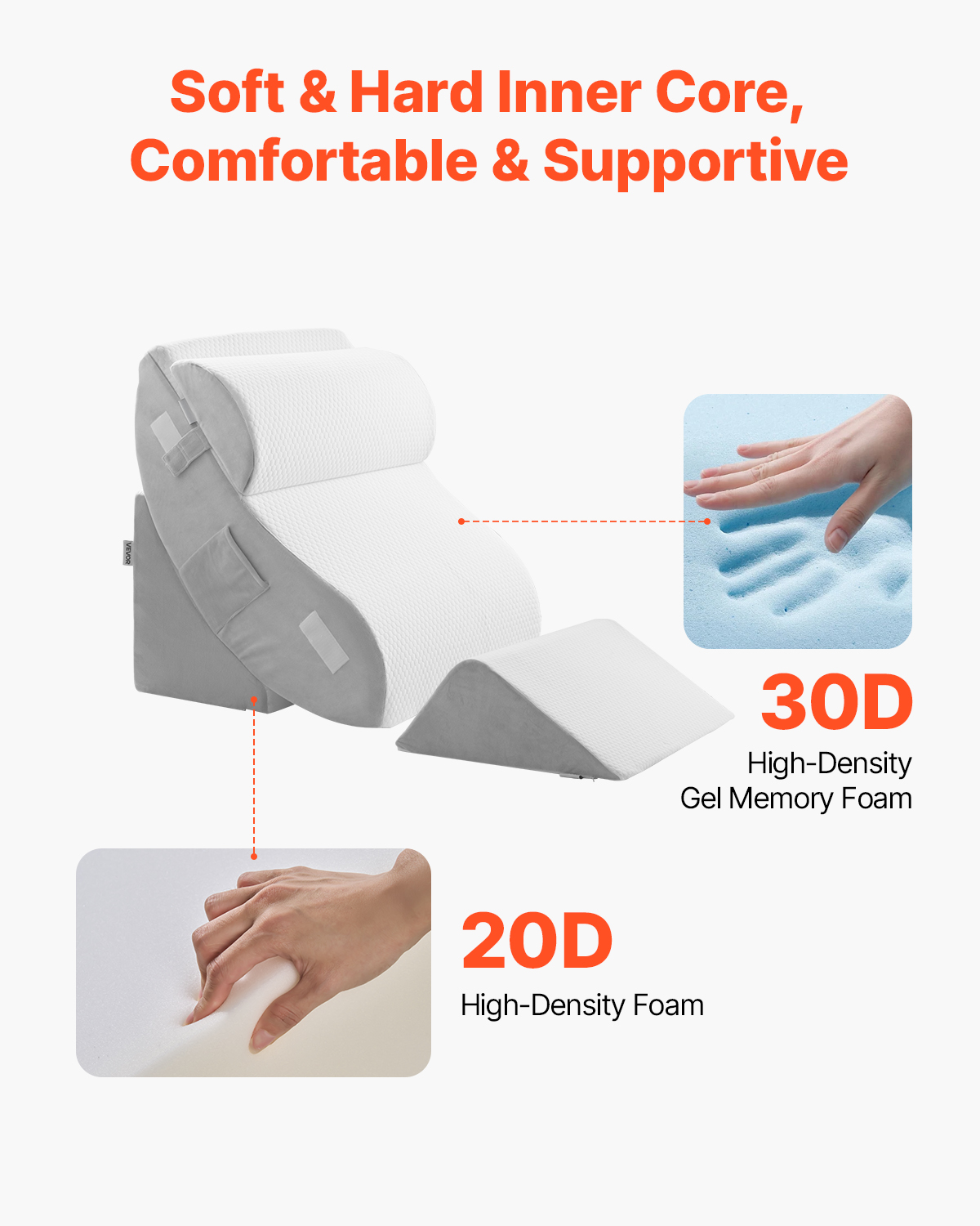 VEVOR Wedge Pillow for Sleeping, 4 Pcs Adjustable Orthopedic Bed Wedge Set, Support Leg Neck Shoulder, Post Surgery Pillow for Back Pain, Acid Reflux, Snoring Relief, Sitting up in Bed, White/Grey