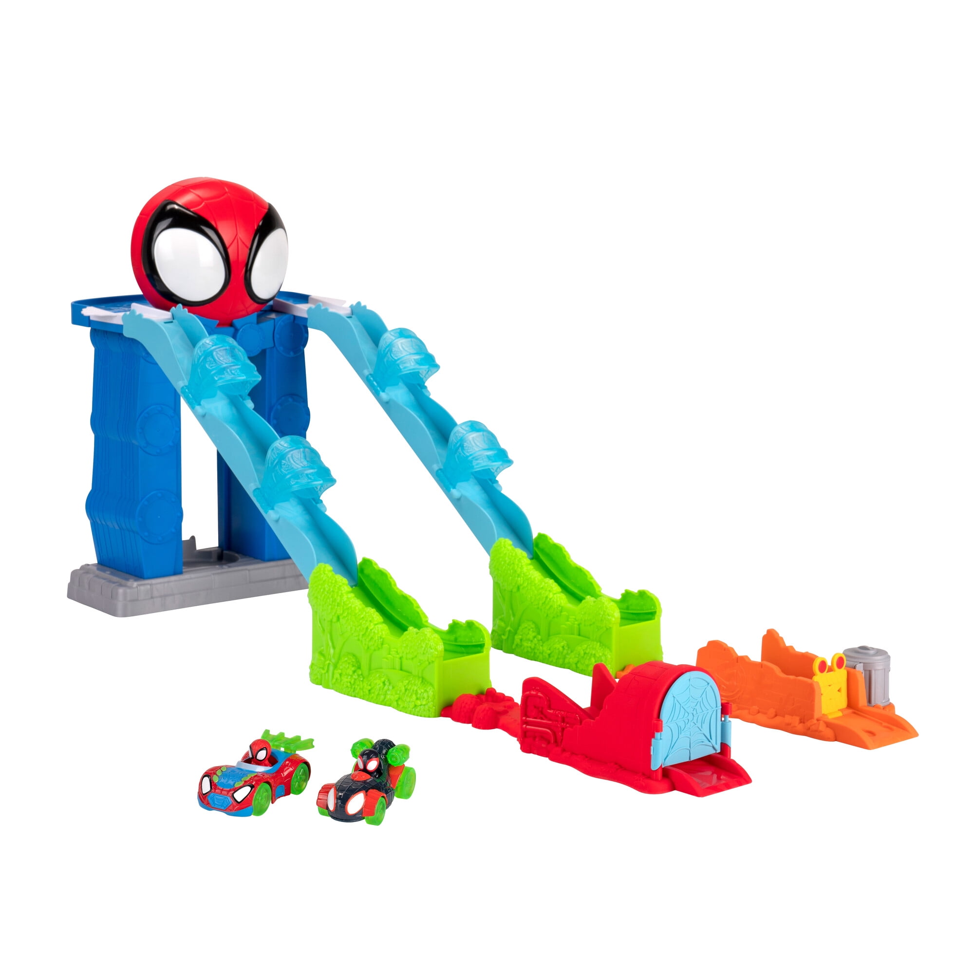 Marvel Spidey and His Amazing Friends, Spidey’s 39 inch Dual Race Mega Jump HQ with Vehicle Toddler Toy