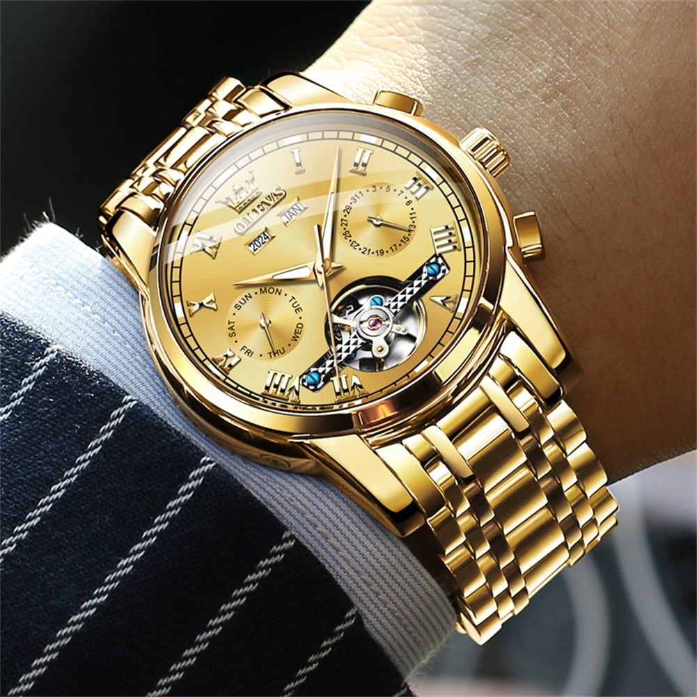 OLEVS Automatic Watches for Mens Self-Winding Mechanical Chronograph Classic Fashion Business Tourbillon Skeleton Stainless Steel Waterproof Luminous Mens Wrist Watches Reloj Para Hombre