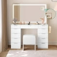 thumbnail image 2 of YITAHOME Vanity Desk Set with Large LED Lighted Mirror & Power Outlet, Glass Top Vanity with 11 Drawers and Magnifying Glass, 46'' Makeup Vanity with Storage Bench for Bedroom, Pearl-White, 2 of 8