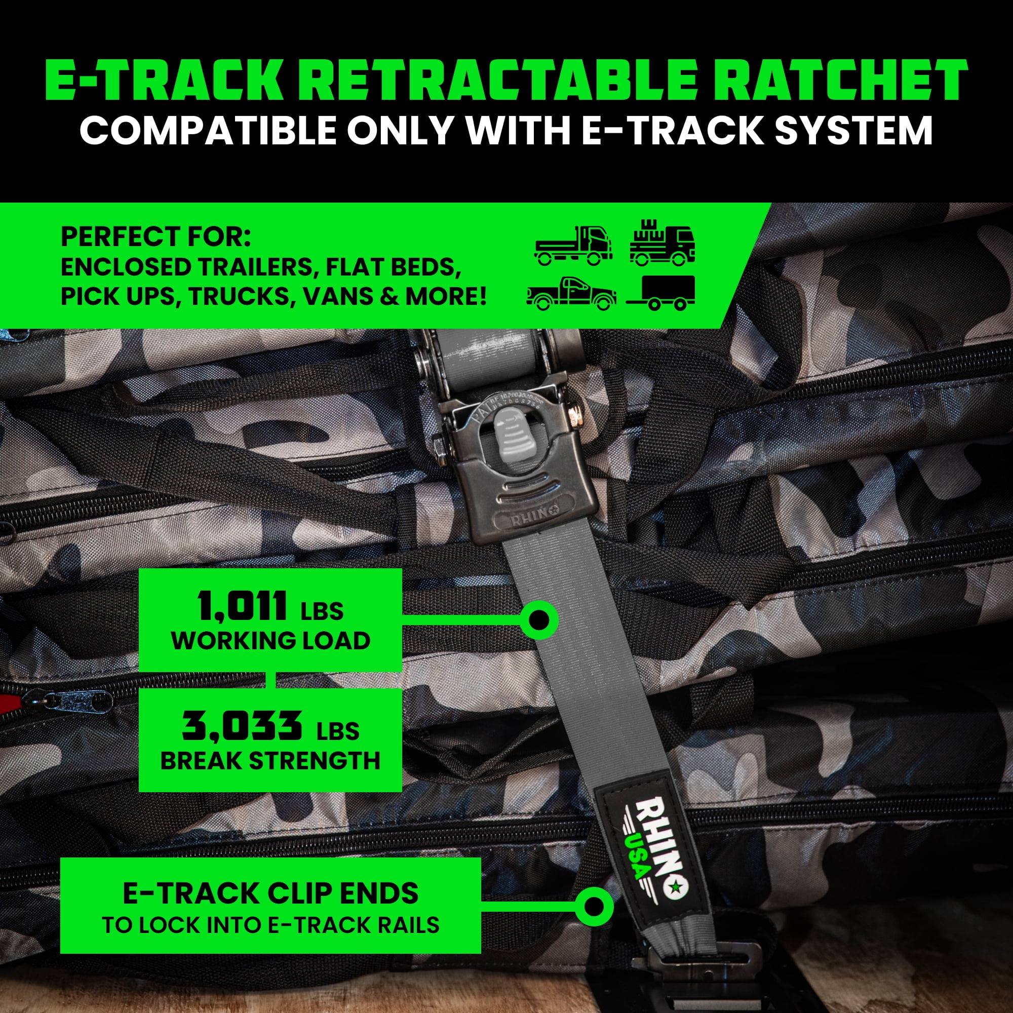 Rhino USA 2" x 10' E Track Retractable Ratchet Tie Down Straps - 3033lb Break Strength (Gray 2 Pack)