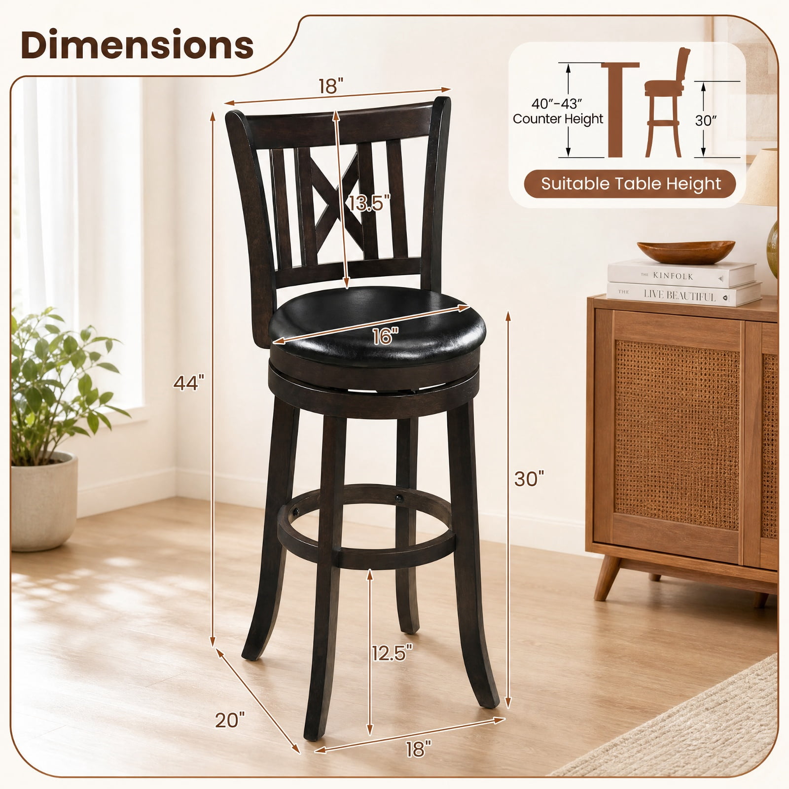 Furnibear Set of 2 Bar Stools Swivel Bar Chairs with Hollowed Backrest and Footrest-30 inches for Kitchen Island Counter Bar Pub Dining Home, Taupe