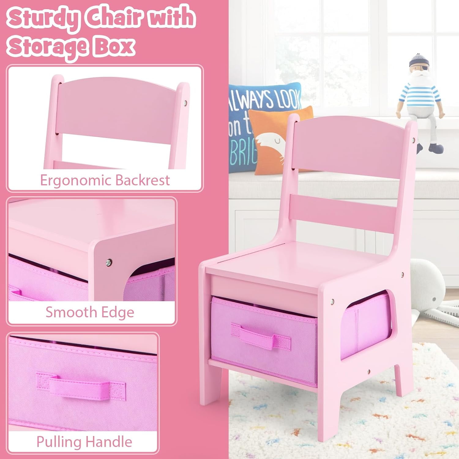 Neatifyes Kid Table and Chairs, 3 in 1 Wooden Activity Desk Set w/ Reversible Chalkboard & Storage Space for Arts, Crafts, Drawing, Reading, Playroom, Toddler Table and Chair Set for Boy Girl (Pink)