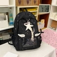 thumbnail image 3 of Star Print Backpack with Side Bow, Cute Aesthetic Daypack with Transparent Front Pocket, Spacious Laptop Backpack for Outdoor Travel (Blue), 3 of 5