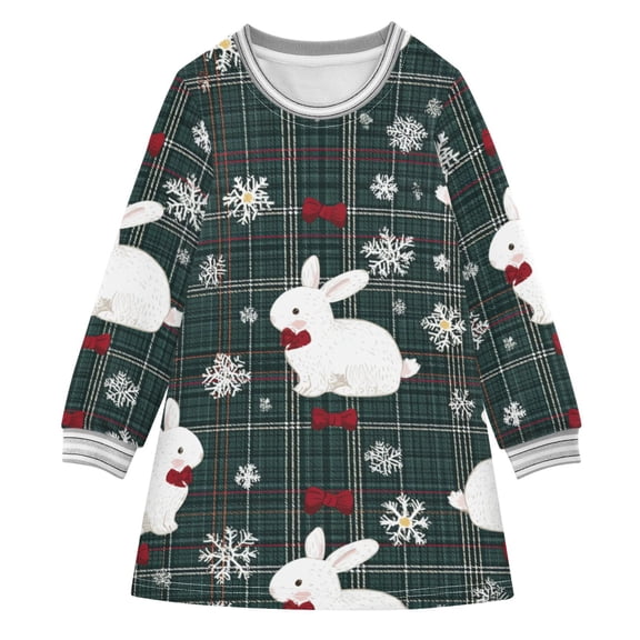 Rabbit Christmas Red Bow Green Gingham Plaids Long-sleeved Dress A-line One-Piece Dress for 2-8 Years Casual Party 2T