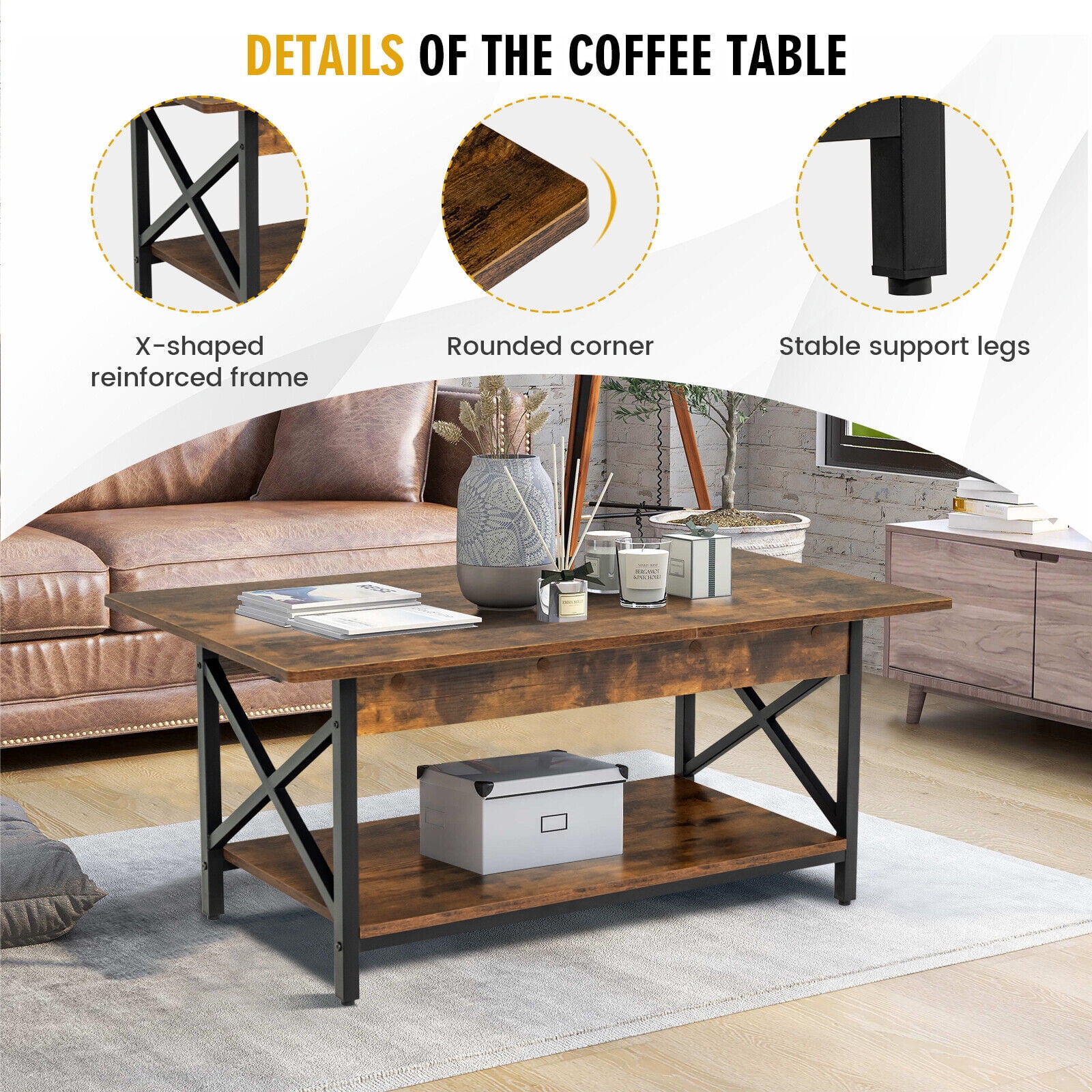 Gymax Coffee Table Industrial 2-Tier w/ Storage Shelf &Storage Shelf for Living Room Rustic Brown