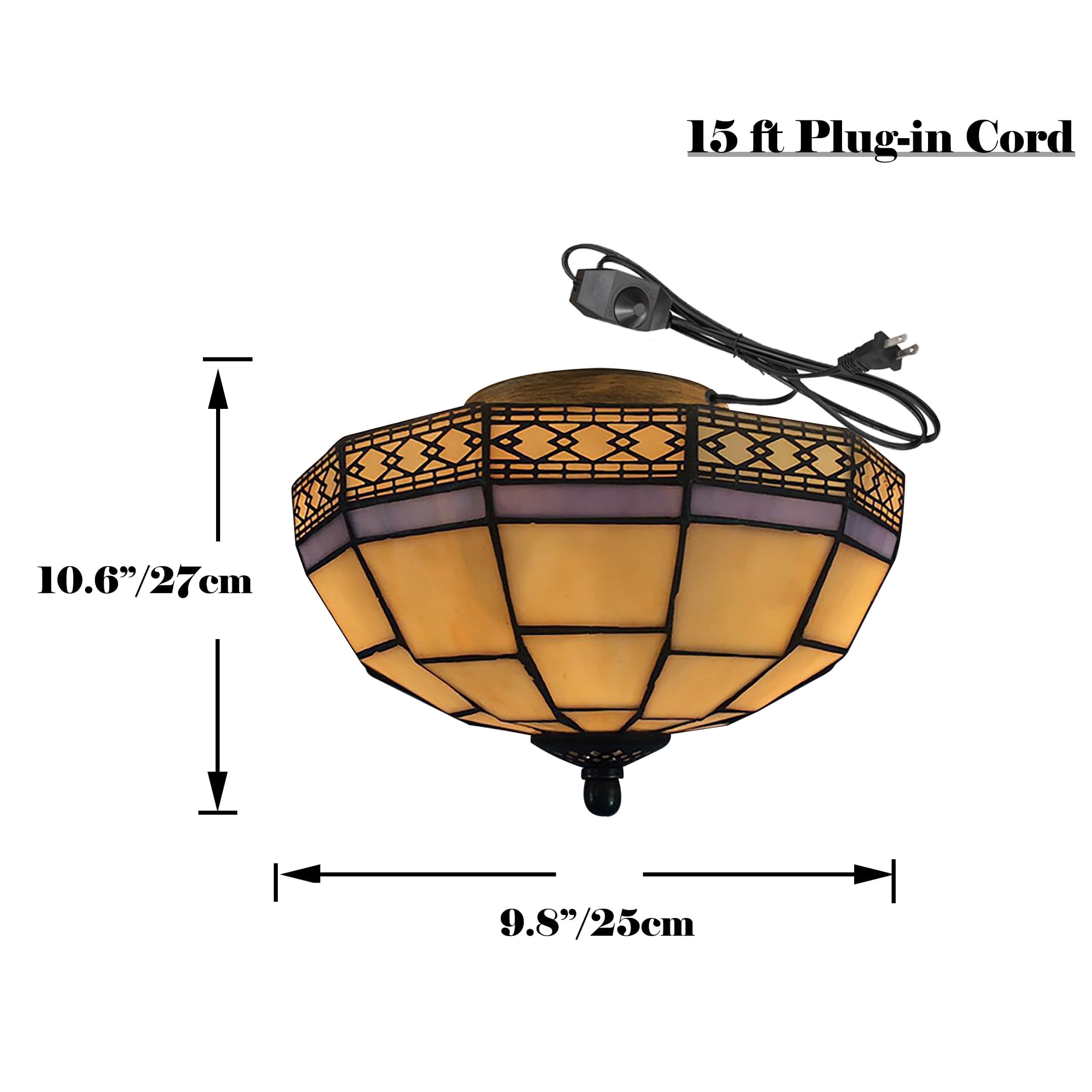 Kiven 9.84in Plug-in Flush Mount Ceiling Light Fixture, 2-Light Anti Glare Close to Ceiling Light with 15FT Cord, Tiffany-Style Glass Chandelier Dimmable for Bedroom Kitchen Foyer(No.3229)