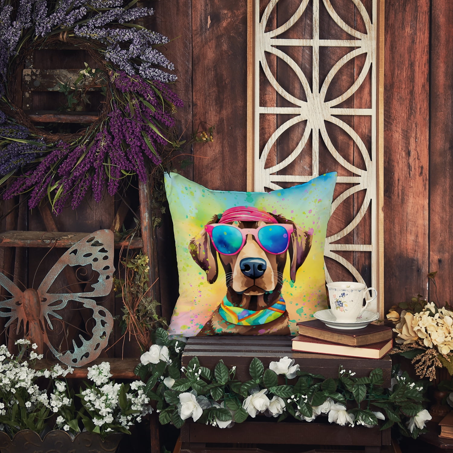 Chocolate Labrador Hippie Dawg Fabric Decorative Pillow 14 in x 14 in