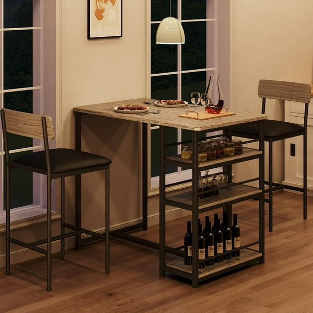 Historyli Juego de mesa de comedor 1+2, mesa de cocina con 2 sillas de bar tapizadas en rojo, 3 estantes grandes, mesa de bar para espacios pequeños, apartamento, estudio, desayuno, gris
