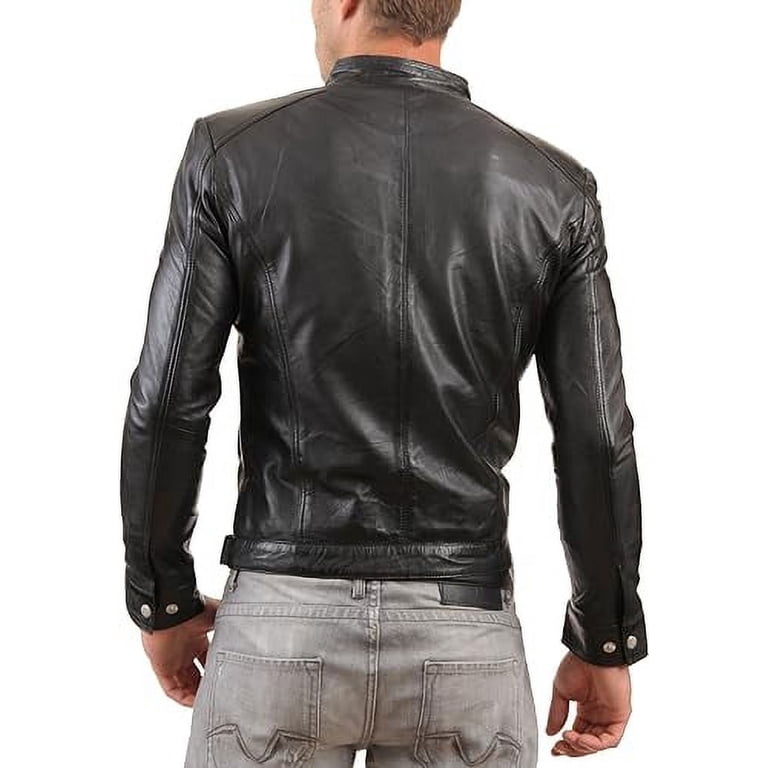 Mens Sheepskin Real Leather Jacket Zipper Biker Moto Slim Fit