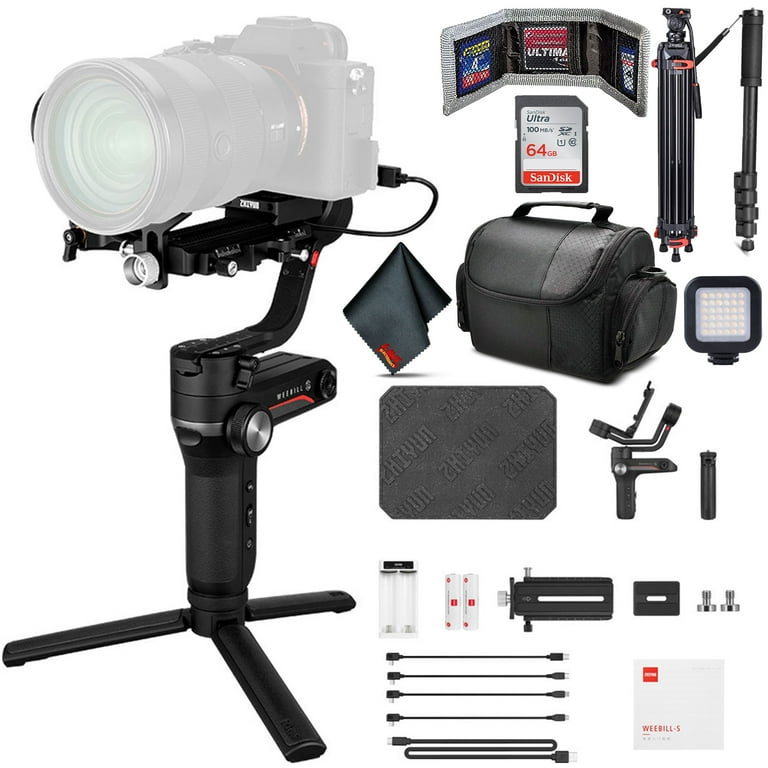 Zhiyun-Tech WEEBILL-S Handheld Gimbal Stabilizer Bundle with 64GB SD Memory Card Kit, DSLR Camera Bag, Portable LED Video Light, 72in Professional
