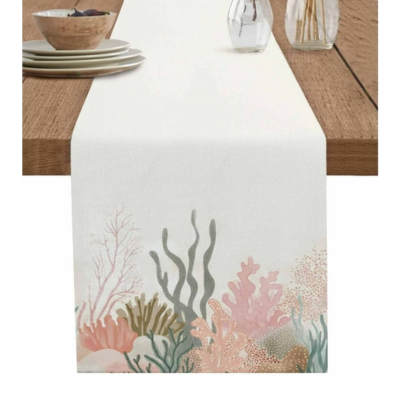 Coastal Coral Table Runner Cotton Linen 90 Inch Holiday Dresser Scarves, Retro Watercolor Farmhouse Ocean Seaweed Tablerunner for Kitchen Coffee Dining Bedroom Dinner Scarf Décor 13''x90''
